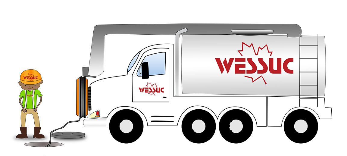 Flusher truck and staff working down a manhole